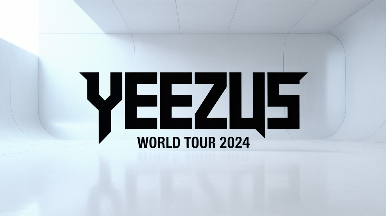 A minimalist graphic design mockup on a white background, featuring the word 'YEEZUS' in a bold, black, gothic font. Below it, the text 'WORLD TOUR 2024' appears in a smaller sans-serif font.