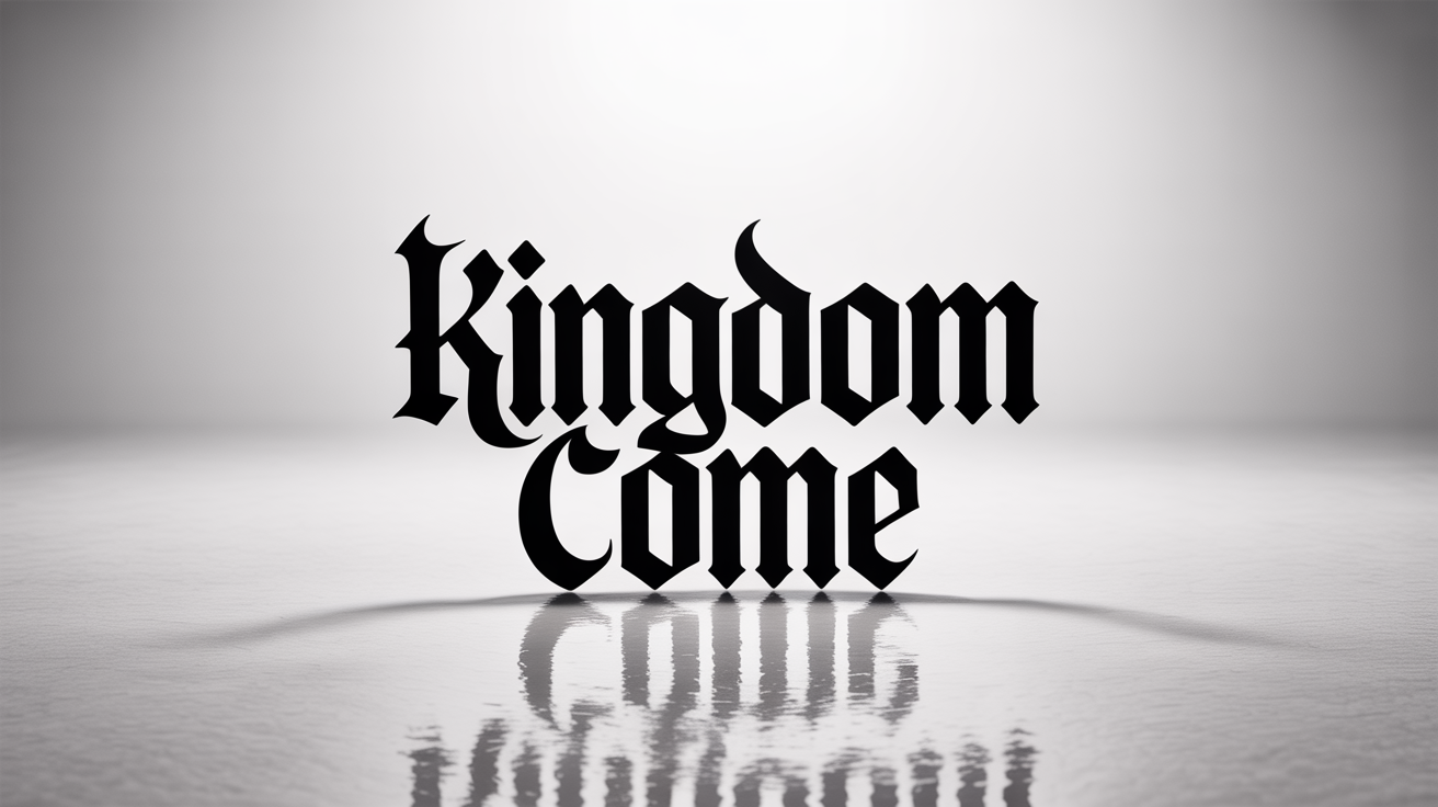A typography mockup featuring the words 'KINGDOM COME' in a bold, black, modern gothic font, reminiscent of the Yeezus style, set against a clean white background.