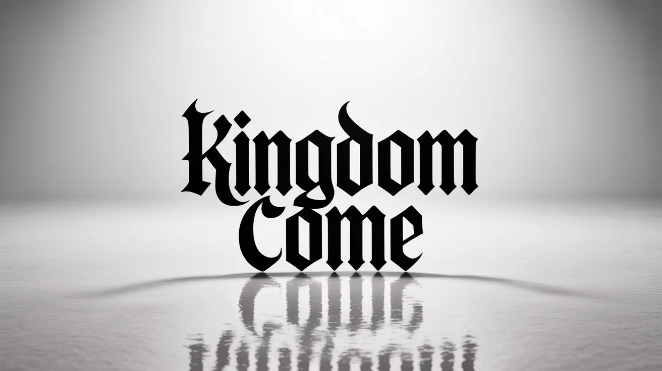 A typography mockup featuring the words 'KINGDOM COME' in a bold, black, modern gothic font, reminiscent of the Yeezus style, set against a clean white background.