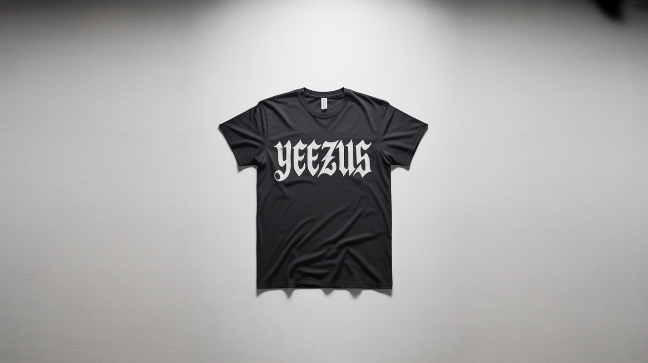 A black t-shirt laid flat on a white background, featuring the word 'YEEZUS' printed on the front in a bold, white, gothic-style font.