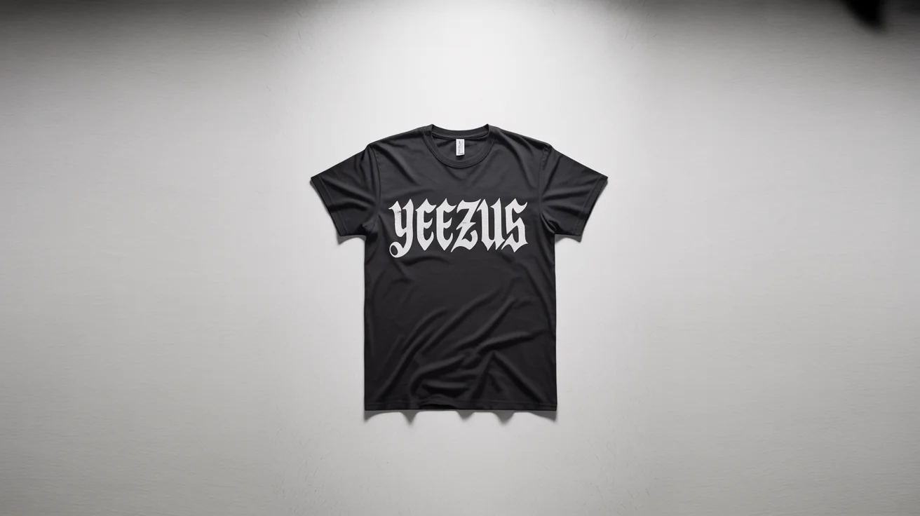 A black t-shirt laid flat on a white background, featuring the word 'YEEZUS' printed on the front in a bold, white, gothic-style font.