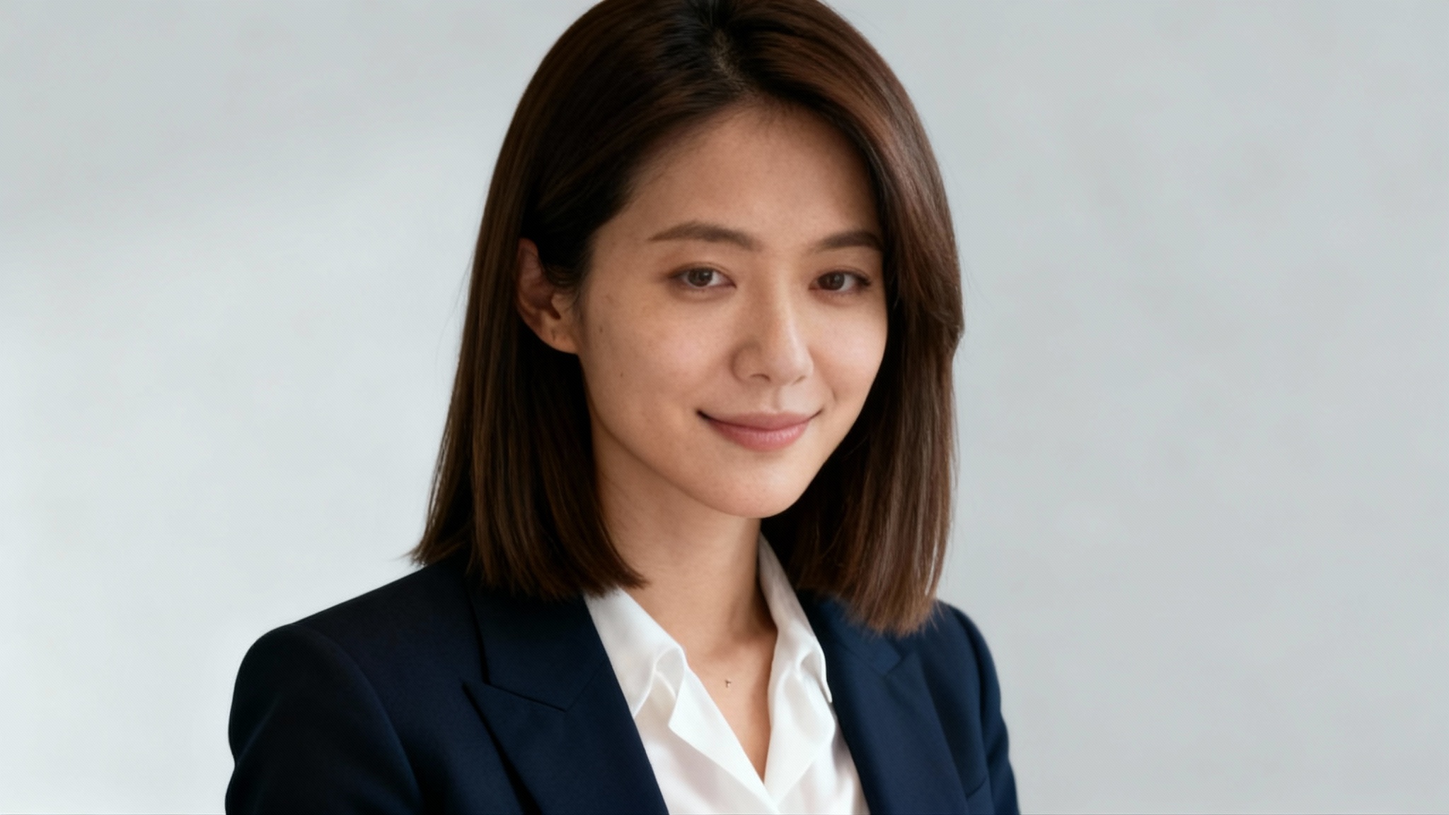 A professional corporate headshot of a woman in a dark navy blue business suit, smiling confidently against a neutral gray studio background. This is the 'after' result of using a formal attire photo editor.