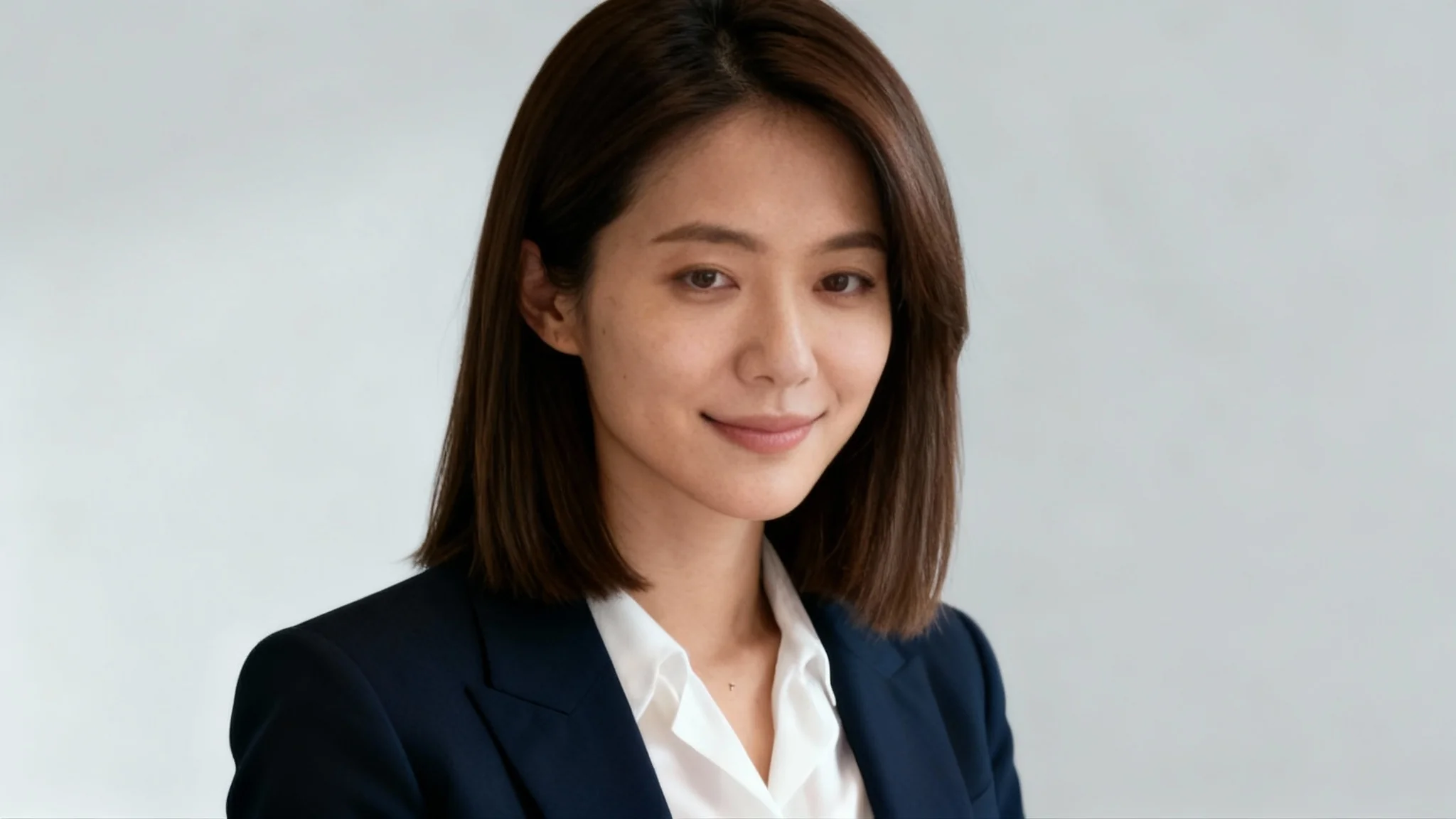 A professional corporate headshot of a woman in a dark navy blue business suit, smiling confidently against a neutral gray studio background. This is the 'after' result of using a formal attire photo editor.