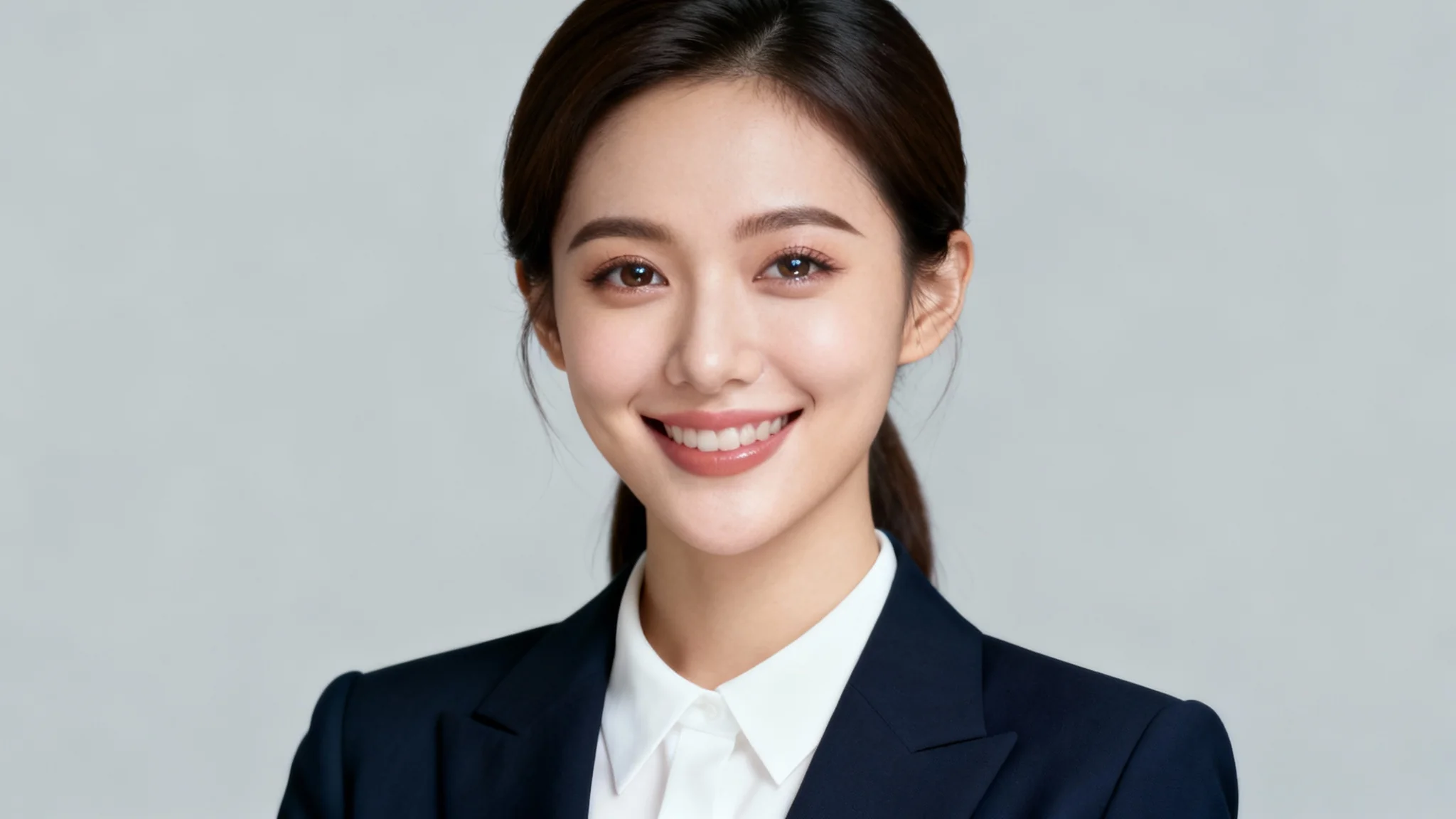A professional studio headshot of a woman looking confident and approachable in formal business attire, showcasing the result of a formal attire photo editor.