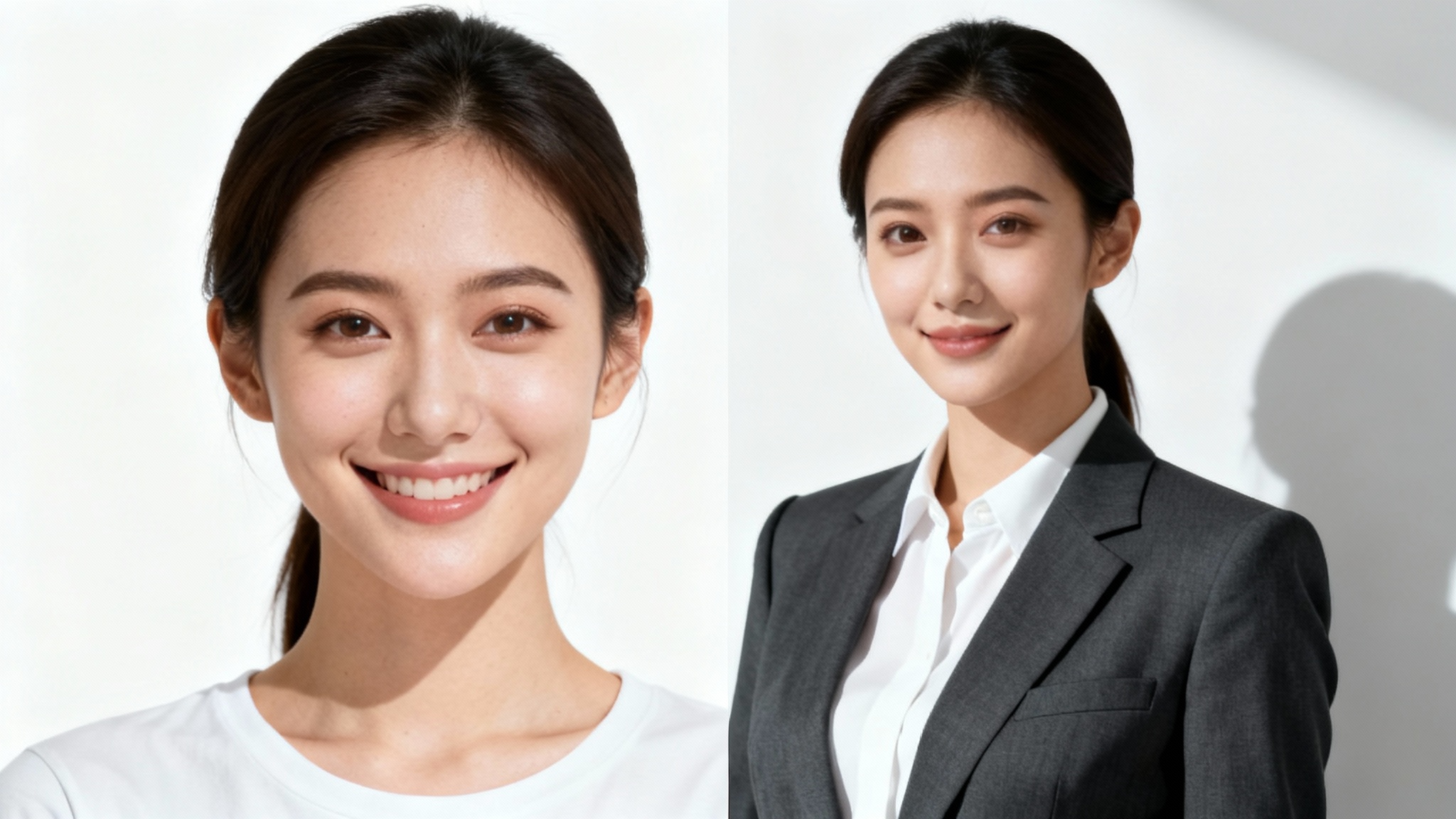 A composite headshot of a woman, with the left side showing her in a casual t-shirt and the right side showing her professionally edited into a formal business suit, demonstrating a photo editor's capability.