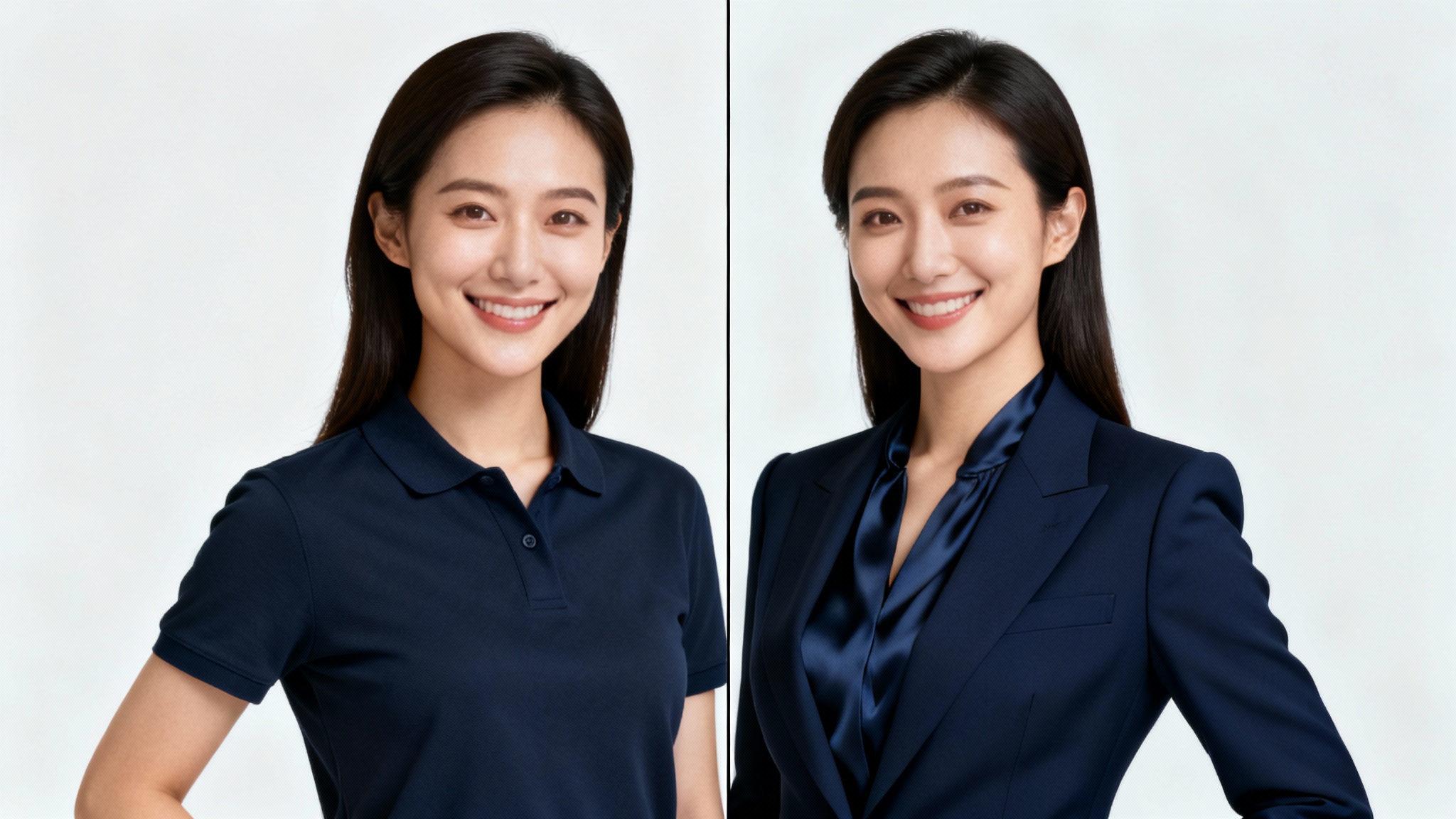 A split-screen comparison showing a woman in a casual polo shirt on the left and the same woman in a professional business suit on the right, demonstrating a formal attire photo editor.