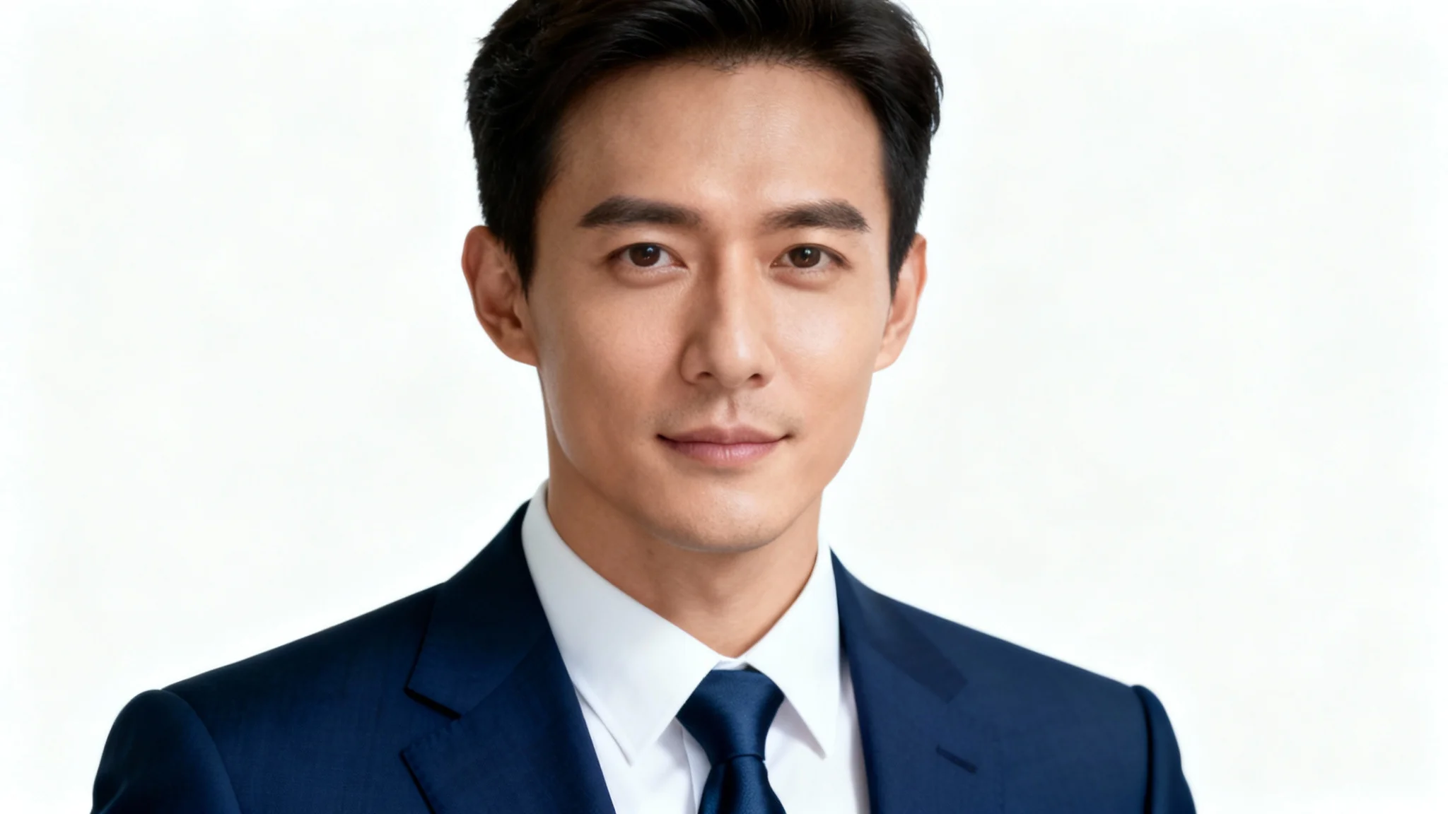 A professional headshot of a person in a formal navy blue suit and tie, smiling confidently against a solid white background, representing a photo edited with a formal attire app.