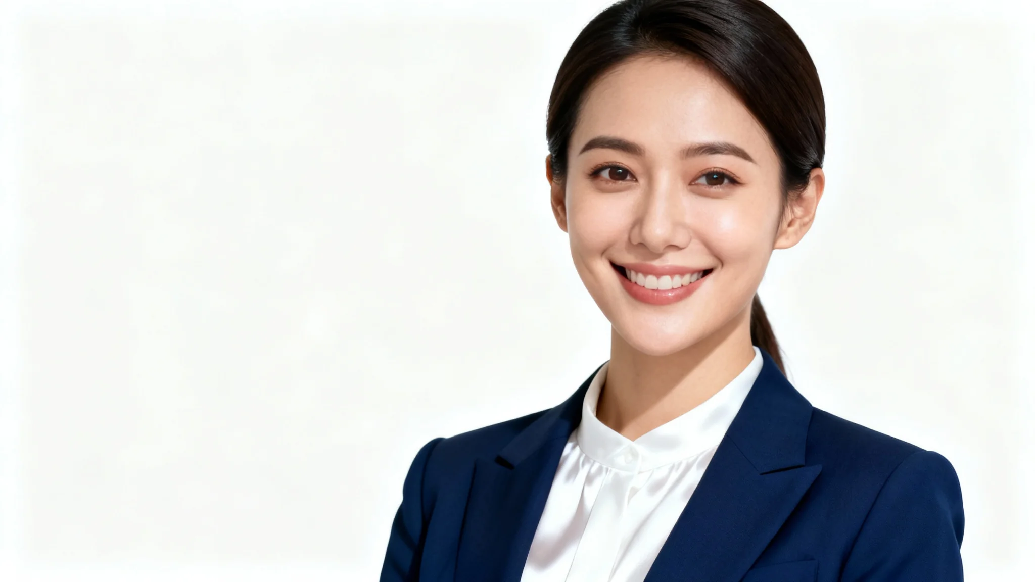 A professional headshot of a smiling woman in a formal navy blue blazer, edited to look professional, set against a solid white background.