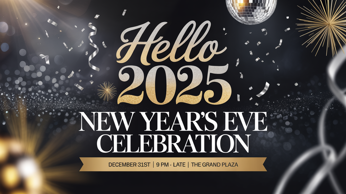 A glamorous and modern New Year's Eve party flyer with the text 'HELLO 2025' in gold on a dark background with confetti and bokeh lights.