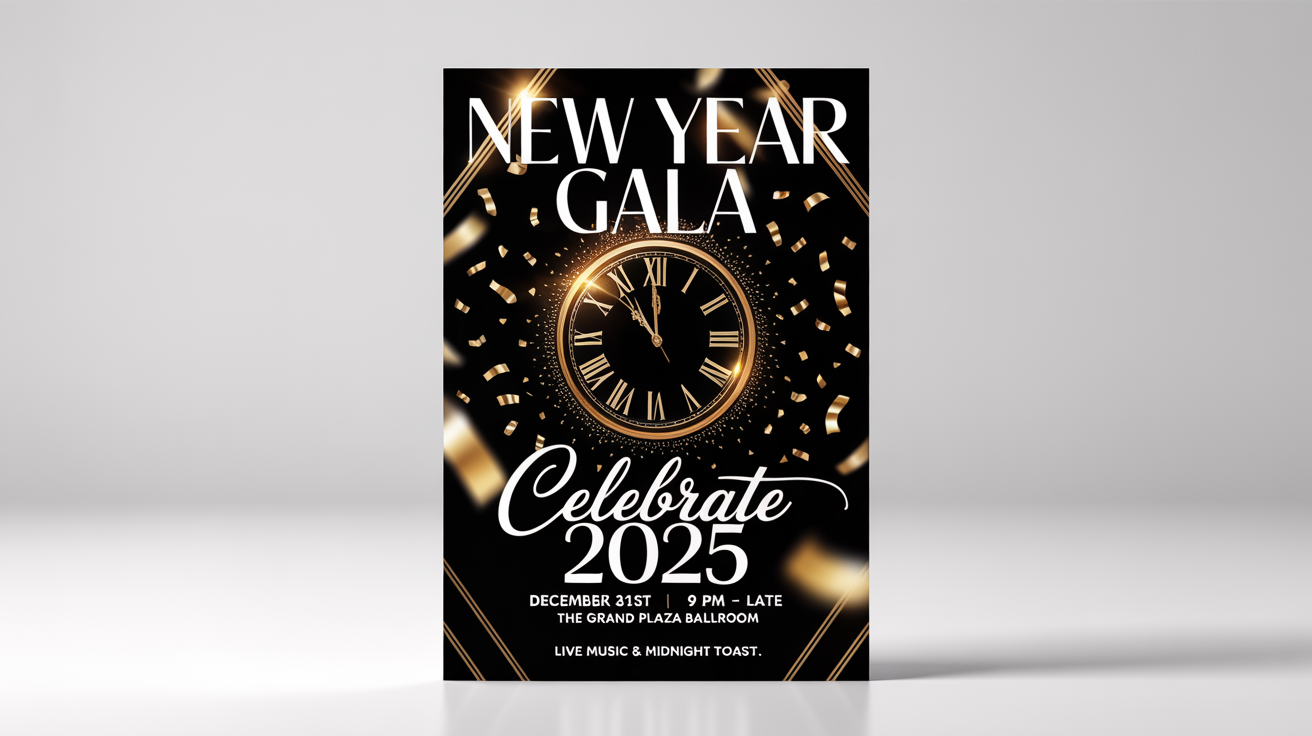 A sophisticated mockup of a New Year's Eve party flyer with a black and gold theme, set against a plain white background. The flyer announces a 'NEW YEAR GALA' to 'Celebrate 2025'.