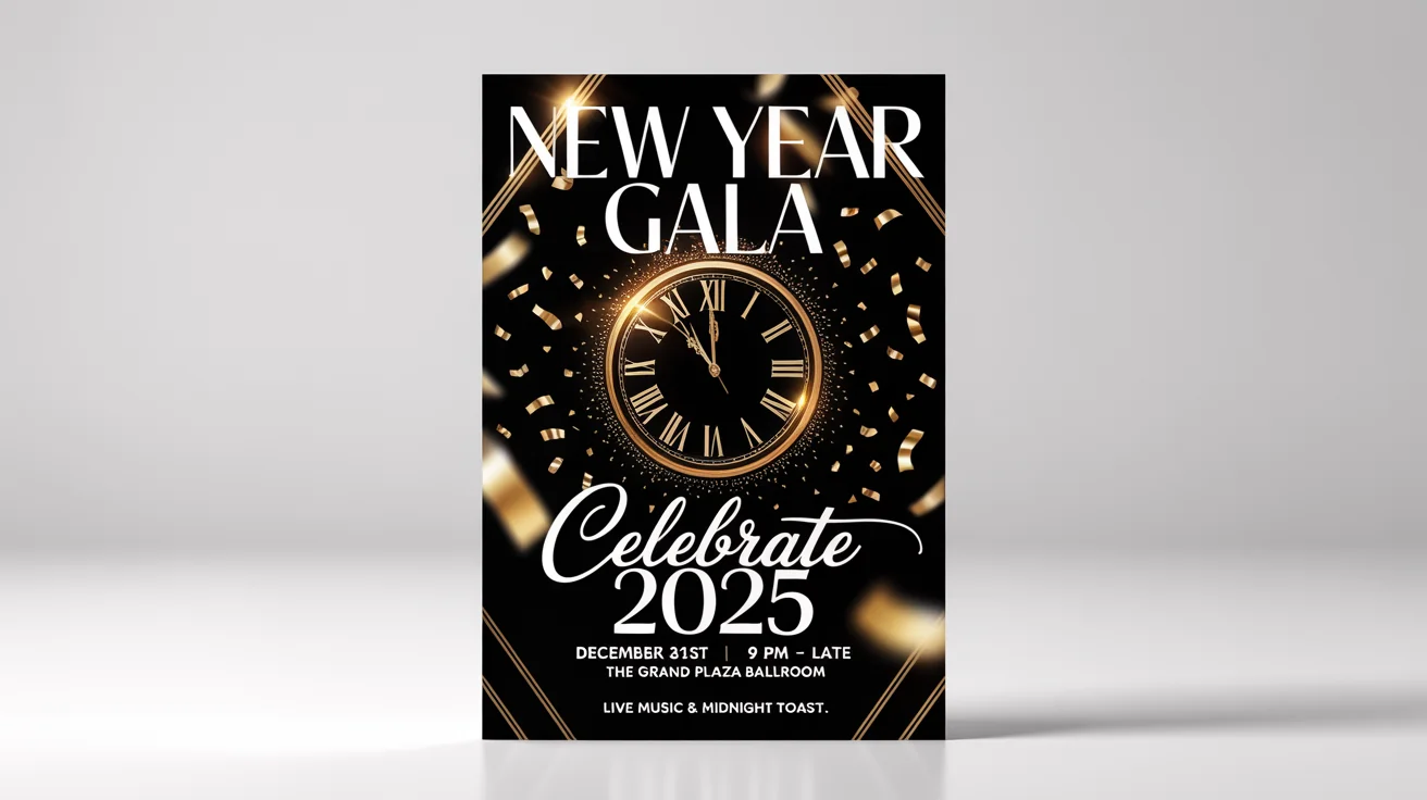 A sophisticated mockup of a New Year's Eve party flyer with a black and gold theme, set against a plain white background. The flyer announces a 'NEW YEAR GALA' to 'Celebrate 2025'.