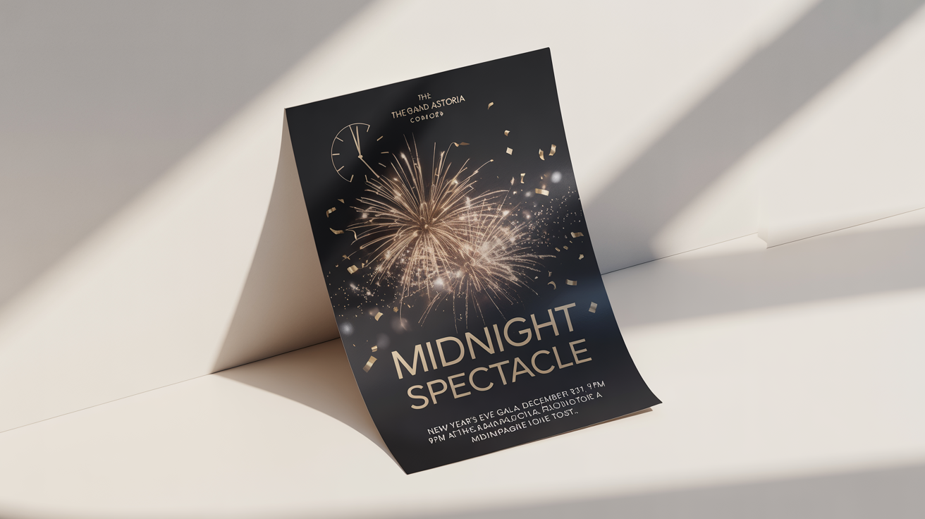 A mockup of a luxurious New Year's Eve party flyer titled 'Midnight Spectacle', featuring gold and white text on a black background with firework designs, set against a white surface.