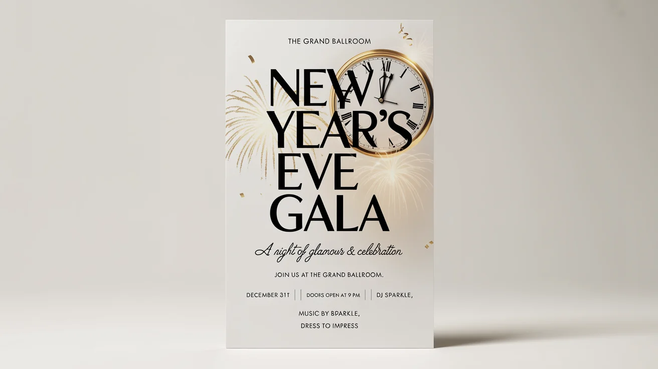 An elegant New Year's Eve party flyer mockup with a black and gold color scheme. The flyer announces a 'New Year's Eve Gala' and is displayed against a plain white background.