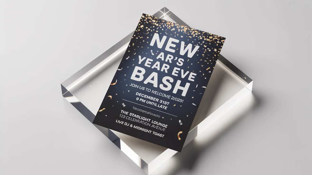 A professional mockup of an elegant New Year's party flyer on a white background, featuring a dark blue and gold design with event details.