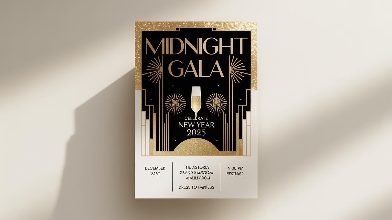 An elegant New Year party flyer mockup against a white background. The flyer, in black and gold, announces the 'Midnight Gala' to celebrate New Year 2025.