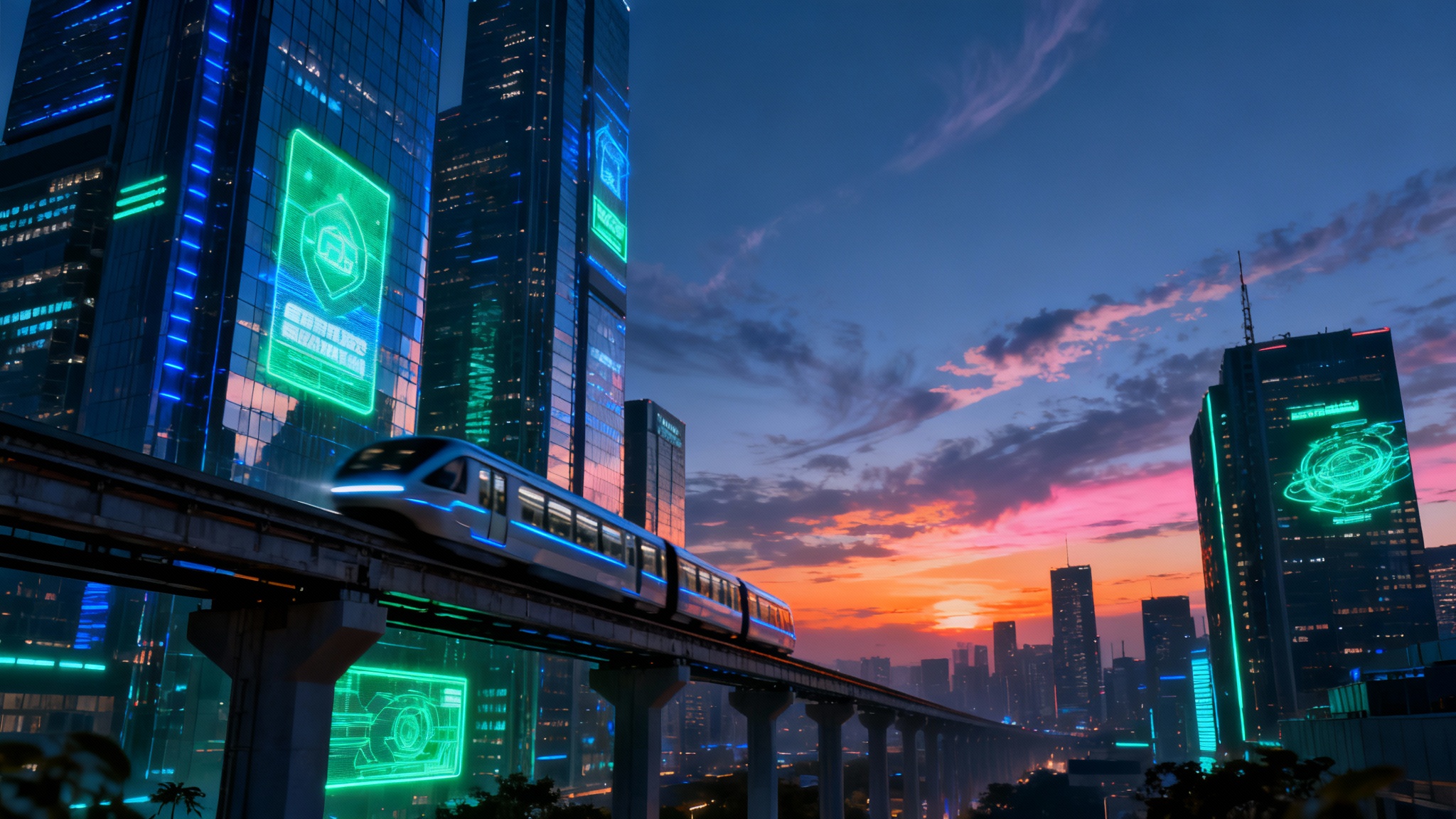 A high-resolution wallpaper of a futuristic city skyline at twilight. Gleaming skyscrapers with blue and green lights dominate the scene, with a monorail moving between them under a colorful sunset sky.