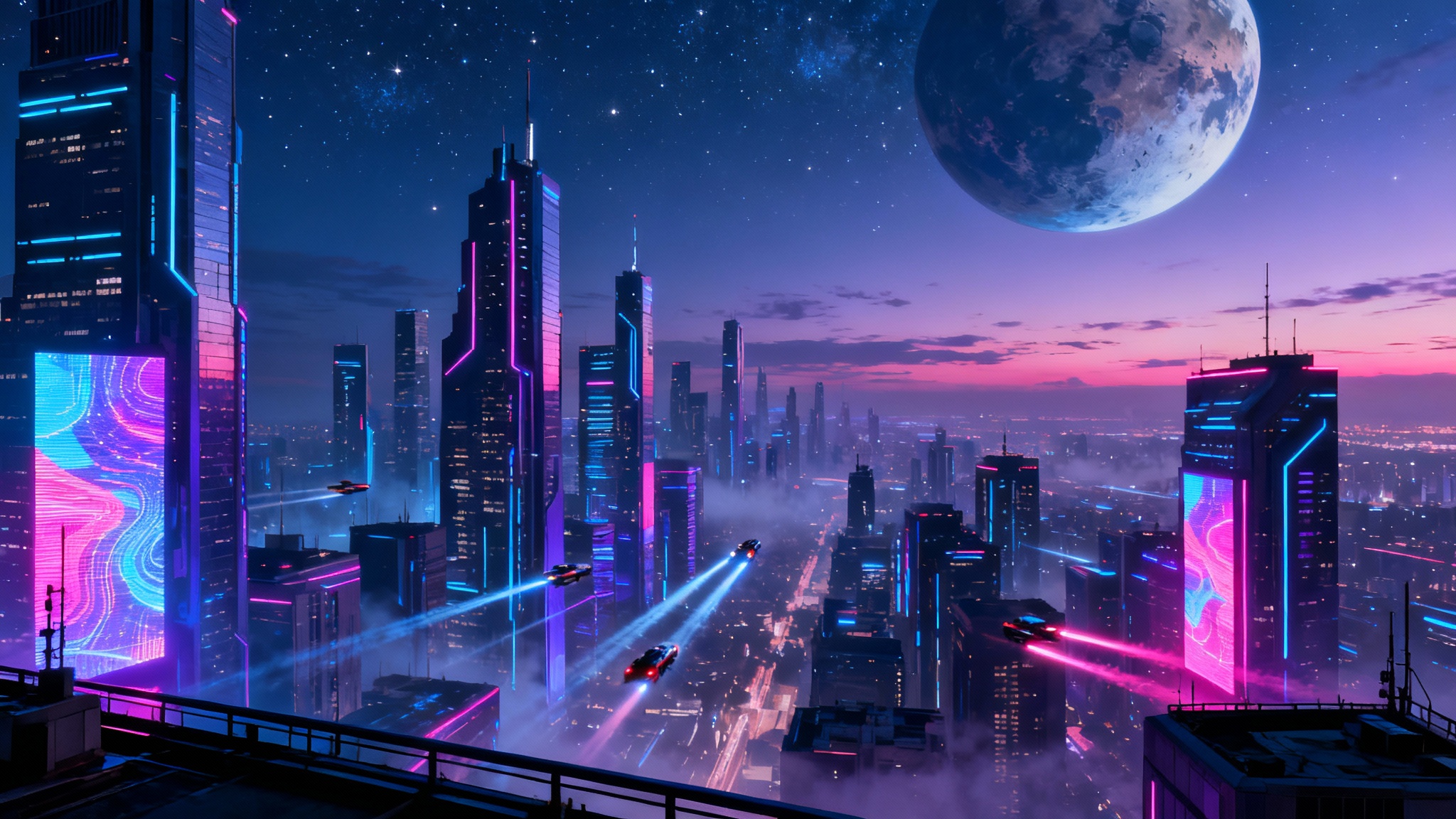 A vibrant futuristic city skyline at dusk, depicted as a high-resolution wallpaper, with towering skyscrapers, neon lights, and flying vehicles under a starlit sky with a large planet.