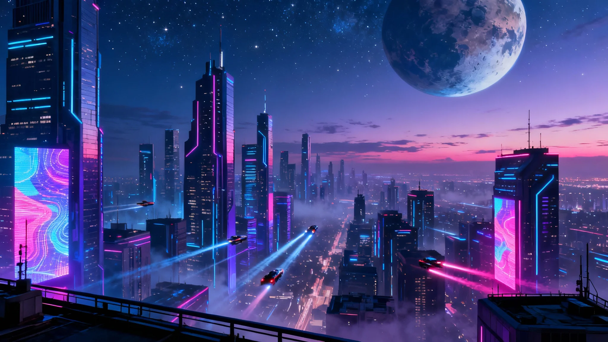 A vibrant futuristic city skyline at dusk, depicted as a high-resolution wallpaper, with towering skyscrapers, neon lights, and flying vehicles under a starlit sky with a large planet.