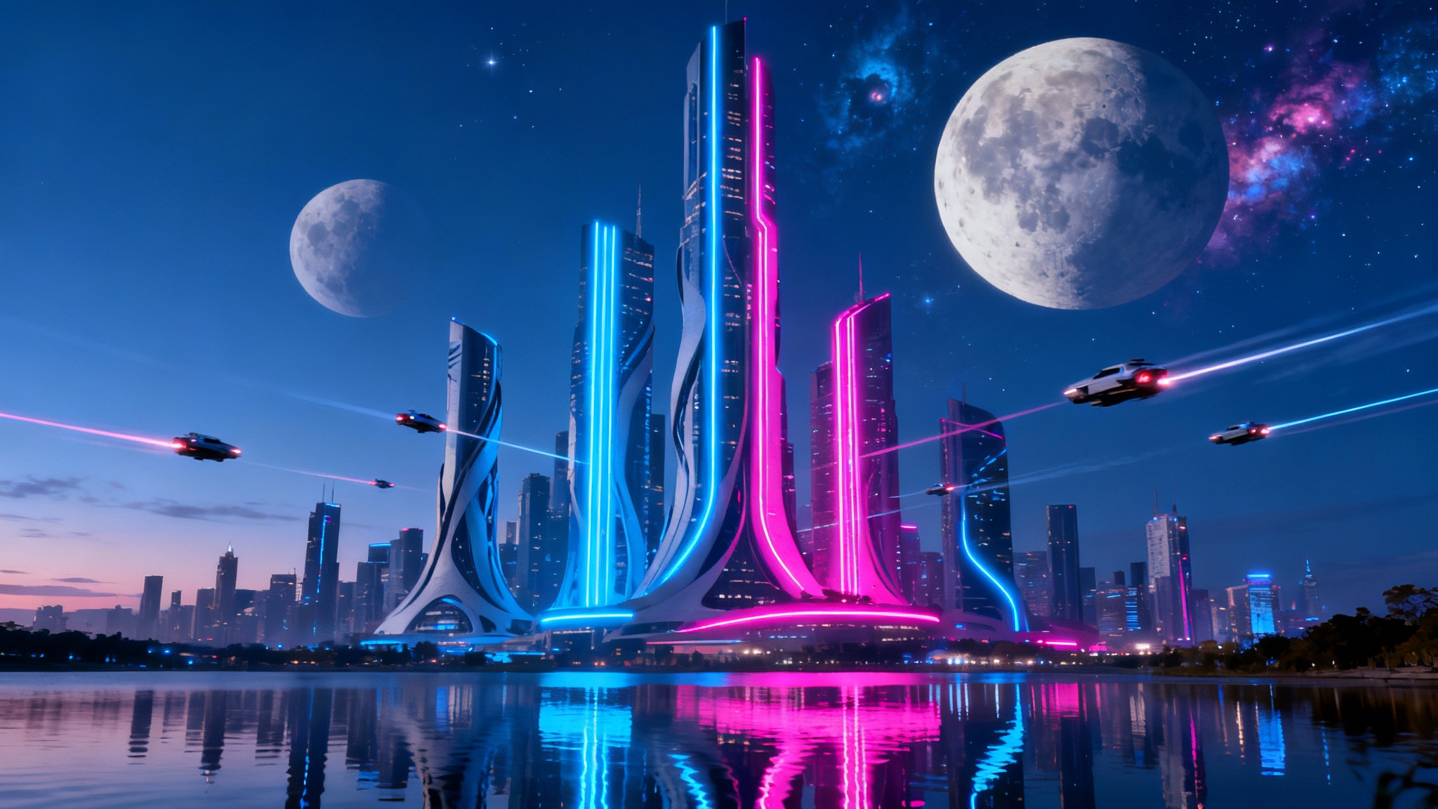 A hyper-realistic wallpaper of a futuristic city skyline at night, featuring towering skyscrapers with glowing blue and pink lights, flying cars, and two moons in the sky.