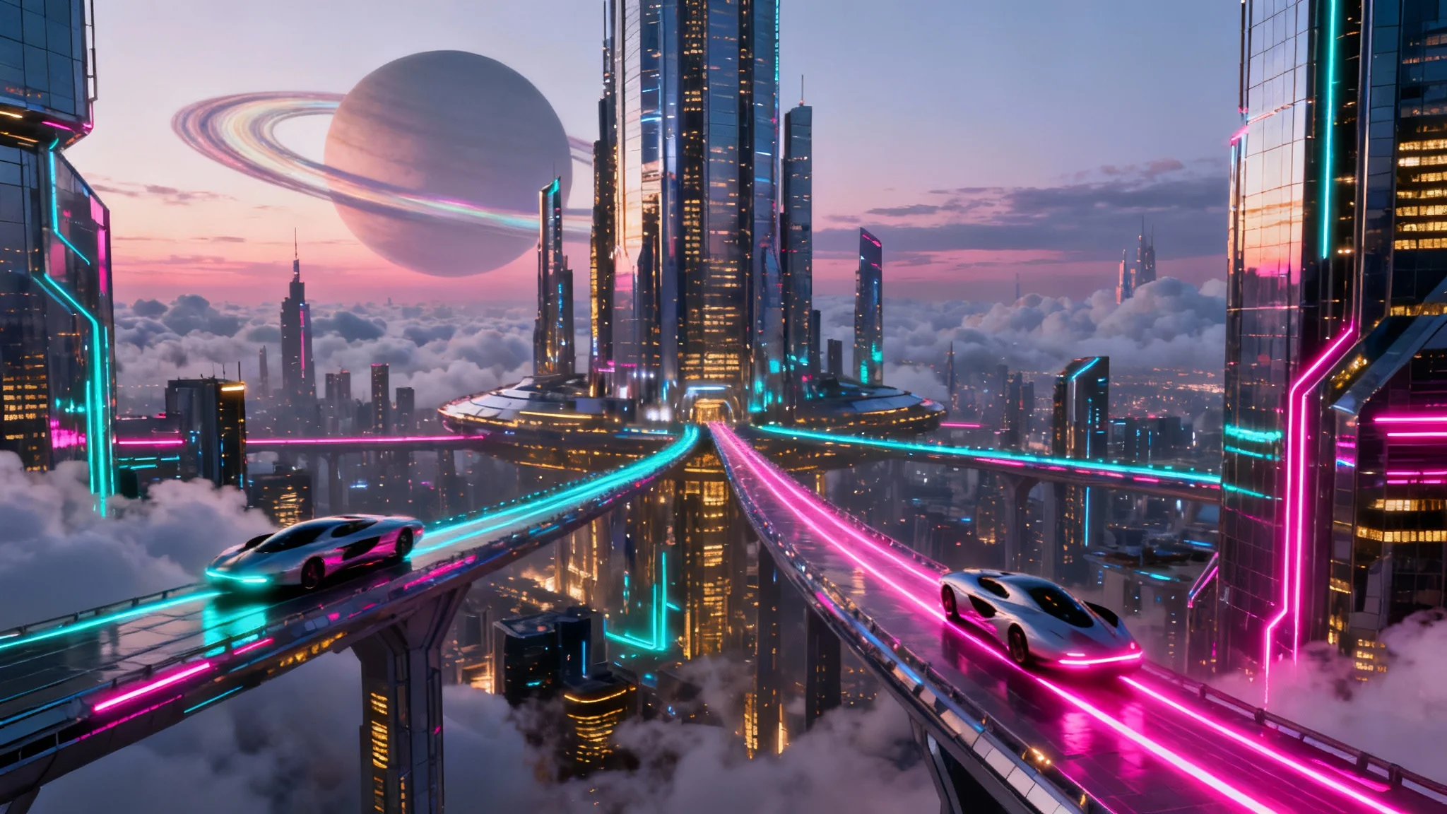 A vibrant futuristic city skyline at dusk, featuring towering skyscrapers, flying vehicles, and colorful neon lights, designed as a desktop wallpaper.