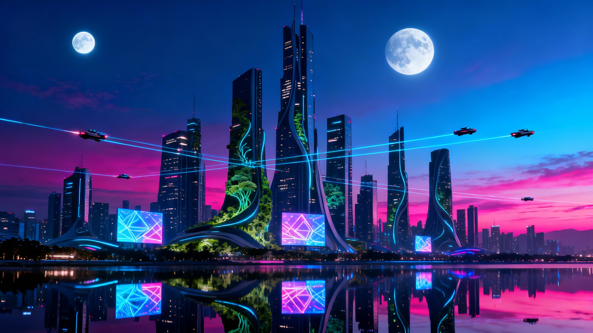 A stunning, high-resolution wallpaper of a futuristic city skyline at dusk, featuring sleek, glowing skyscrapers, flying vehicle light trails, and a reflection in calm water.