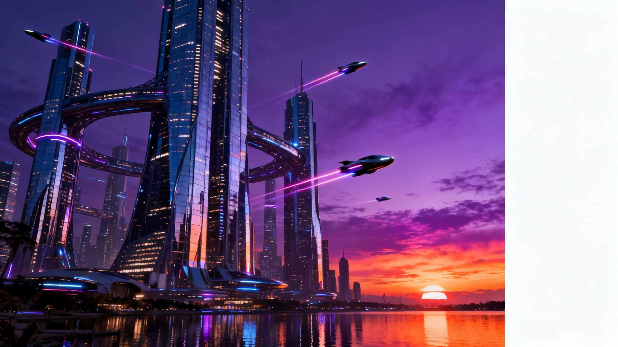 A vibrant, high-resolution wallpaper depicting a futuristic city skyline at dusk, with glowing skyscrapers and light trails from flying vehicles, presented against a white background.