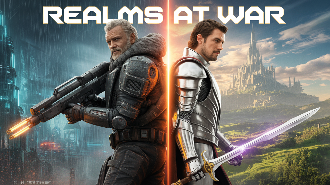 A professionally designed movie poster for a fictional crossover film titled 'REALMS AT WAR'. It shows a sci-fi bounty hunter and a fantasy knight standing back-to-back, with their respective futuristic and fantasy worlds visible behind them.