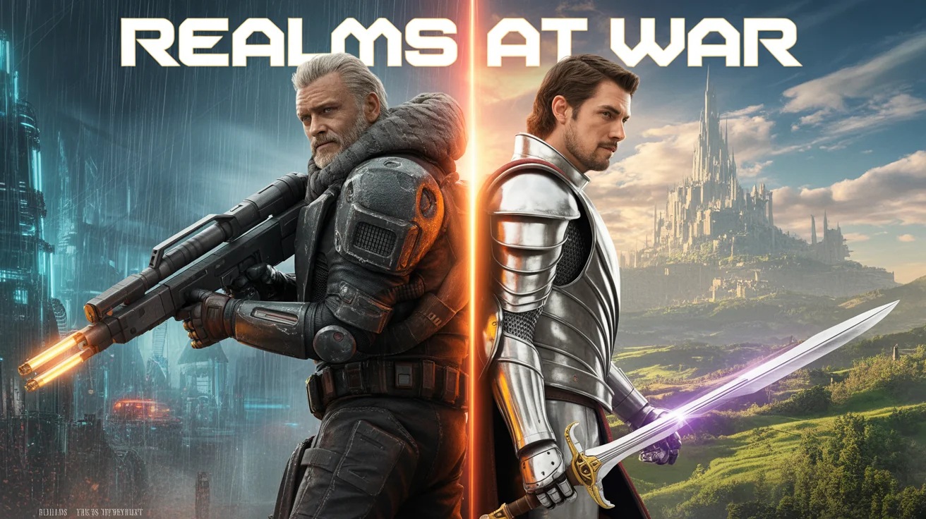 A professionally designed movie poster for a fictional crossover film titled 'REALMS AT WAR'. It shows a sci-fi bounty hunter and a fantasy knight standing back-to-back, with their respective futuristic and fantasy worlds visible behind them.