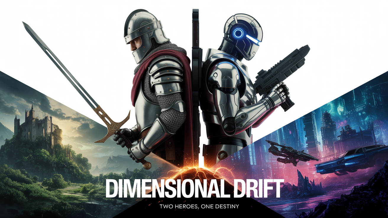 A mockup of a crossover movie poster titled 'Dimensional Drift', featuring a medieval knight and a futuristic cyborg standing back-to-back, with their respective worlds merging behind them.