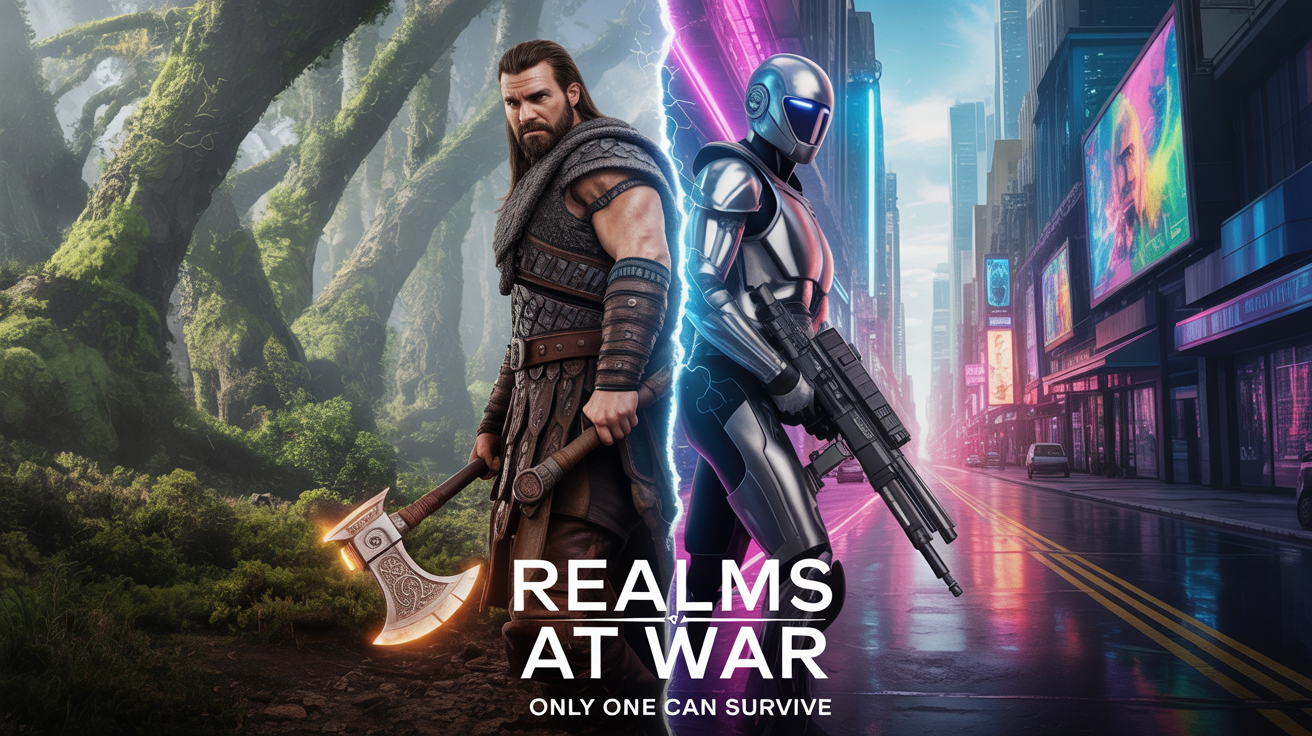 A cinematic movie poster mockup for a crossover film titled 'Realms at War', showing a fantasy warrior and a sci-fi bounty hunter back-to-back against their respective worlds, all on a clean white background.