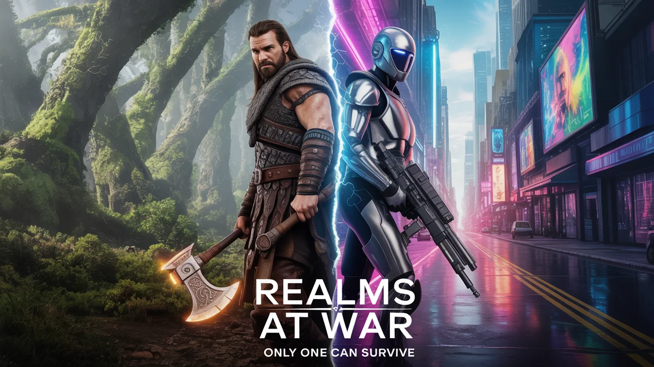 A cinematic movie poster mockup for a crossover film titled 'Realms at War', showing a fantasy warrior and a sci-fi bounty hunter back-to-back against their respective worlds, all on a clean white background.