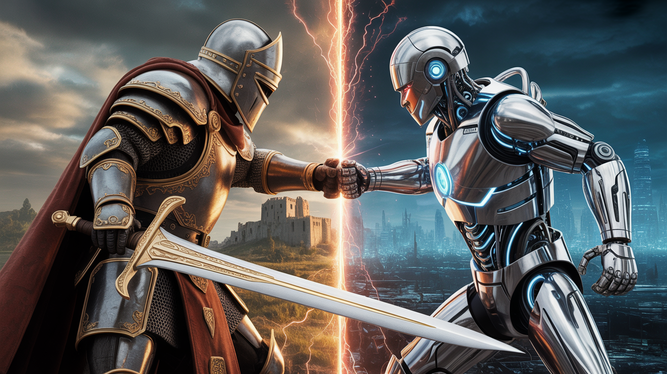 A movie poster for a fictional crossover film titled 'Worlds Collide', showing a medieval knight and a futuristic cyborg in a dramatic face-off.