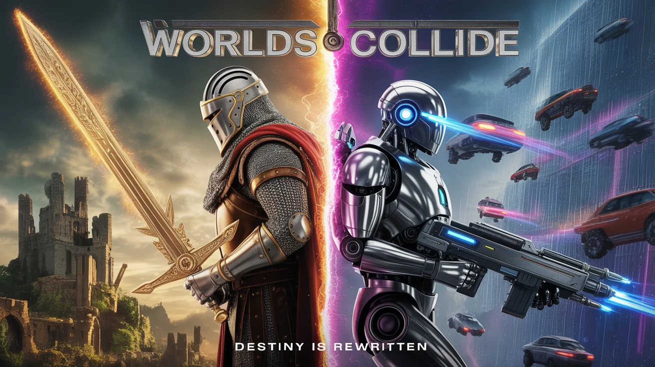 A dramatic crossover movie poster titled 'Worlds Collide', featuring a medieval knight in full armor and a futuristic robot standing back-to-back, ready for battle. The background is split between a medieval castle and a futuristic city.