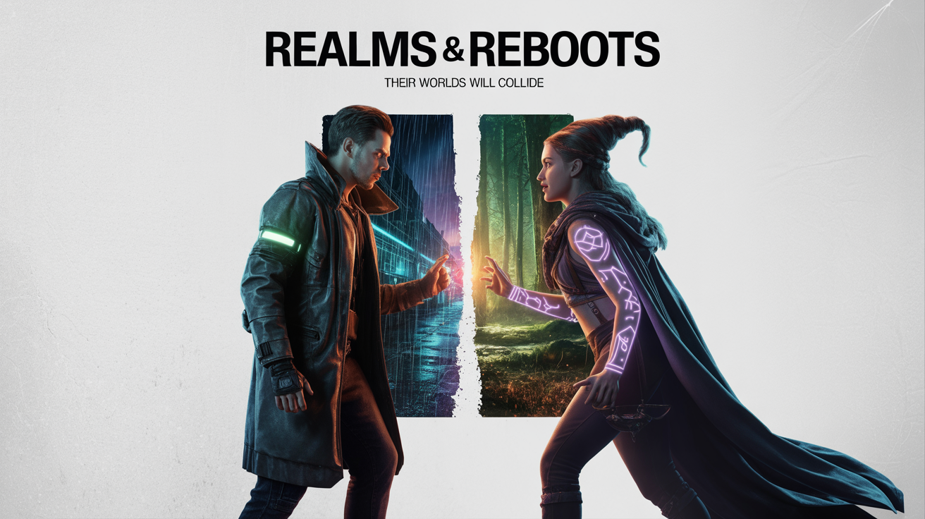 A mockup of a movie-style crossover poster called "REALMS & REBOOTS", featuring a cyberpunk hacker and a fantasy sorceress standing back-to-back. The poster is shown on a plain white background.