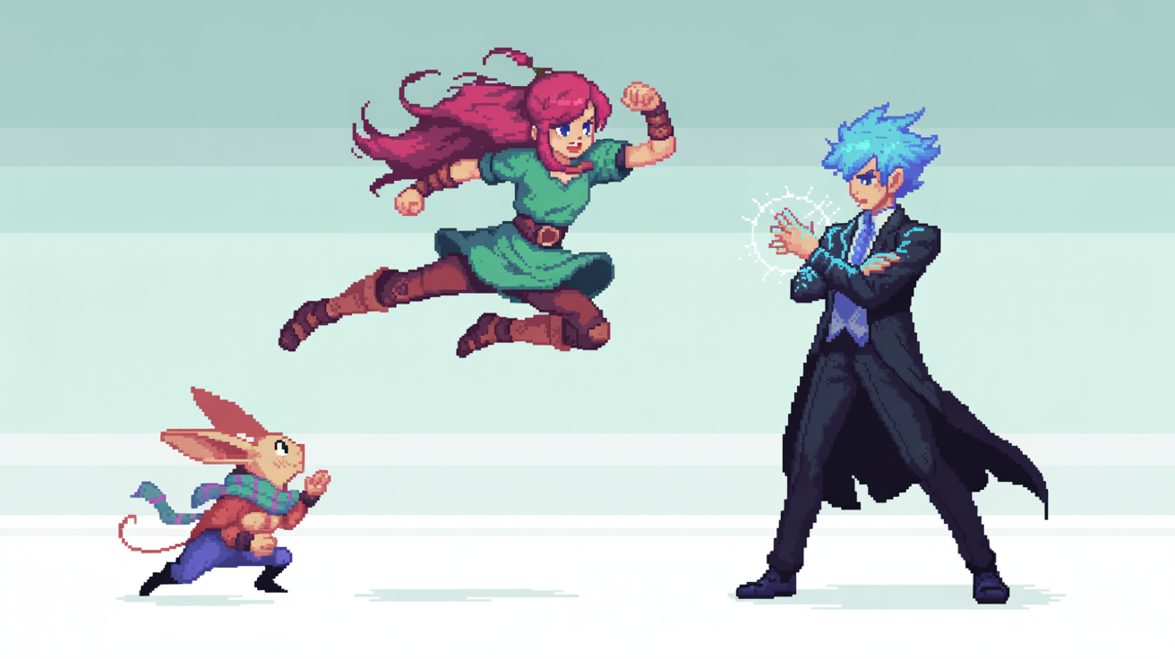 A polished 16:9 pixel art illustration showing three distinct video game characters in dynamic poses. A red-haired woman in a green tunic is jumping, a blue-haired man in black is standing with arms crossed, and a small creature is crouching, all rendered in a clean 16-bit style.