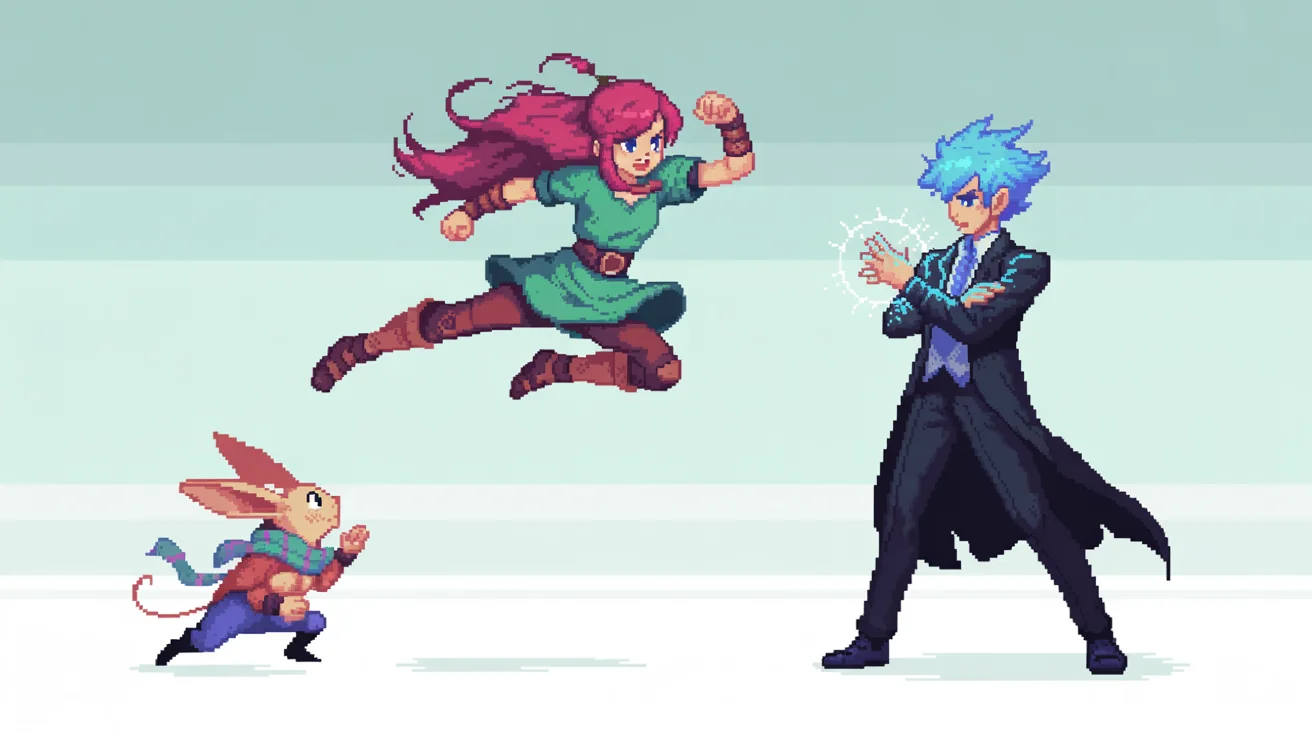 A polished 16:9 pixel art illustration showing three distinct video game characters in dynamic poses. A red-haired woman in a green tunic is jumping, a blue-haired man in black is standing with arms crossed, and a small creature is crouching, all rendered in a clean 16-bit style.