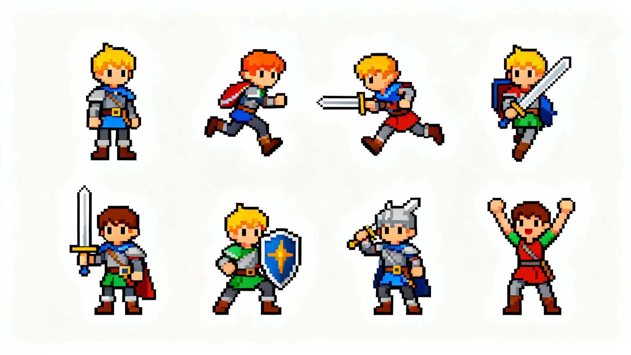A 16-bit pixel art spritesheet showing a fantasy hero character in various action poses, including running, jumping, and attacking, all on a clean white background.