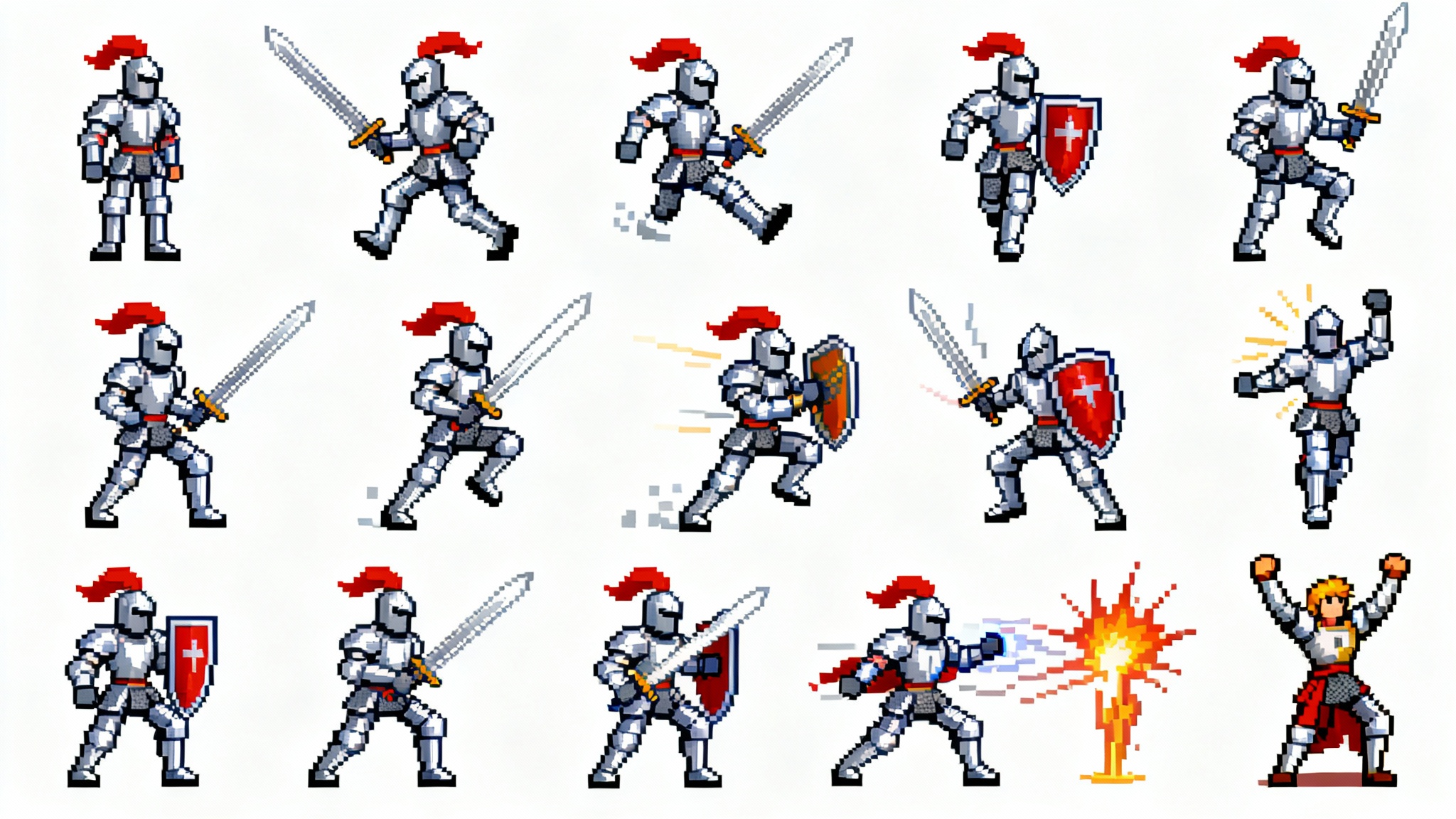 A pixel art sprite sheet on a white background, showcasing a knight character in various poses including standing, walking, jumping, and attacking.