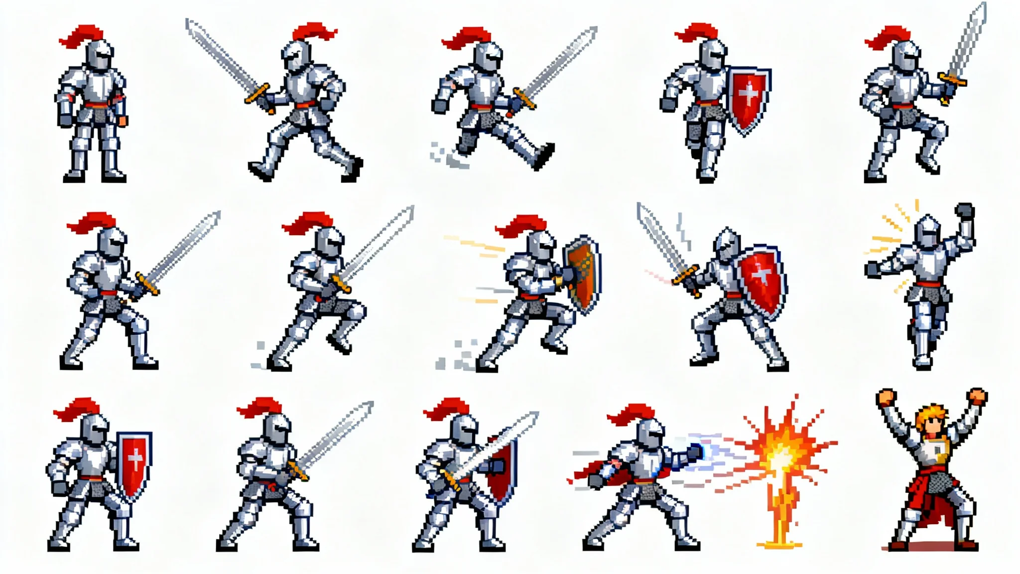 A pixel art sprite sheet on a white background, showcasing a knight character in various poses including standing, walking, jumping, and attacking.