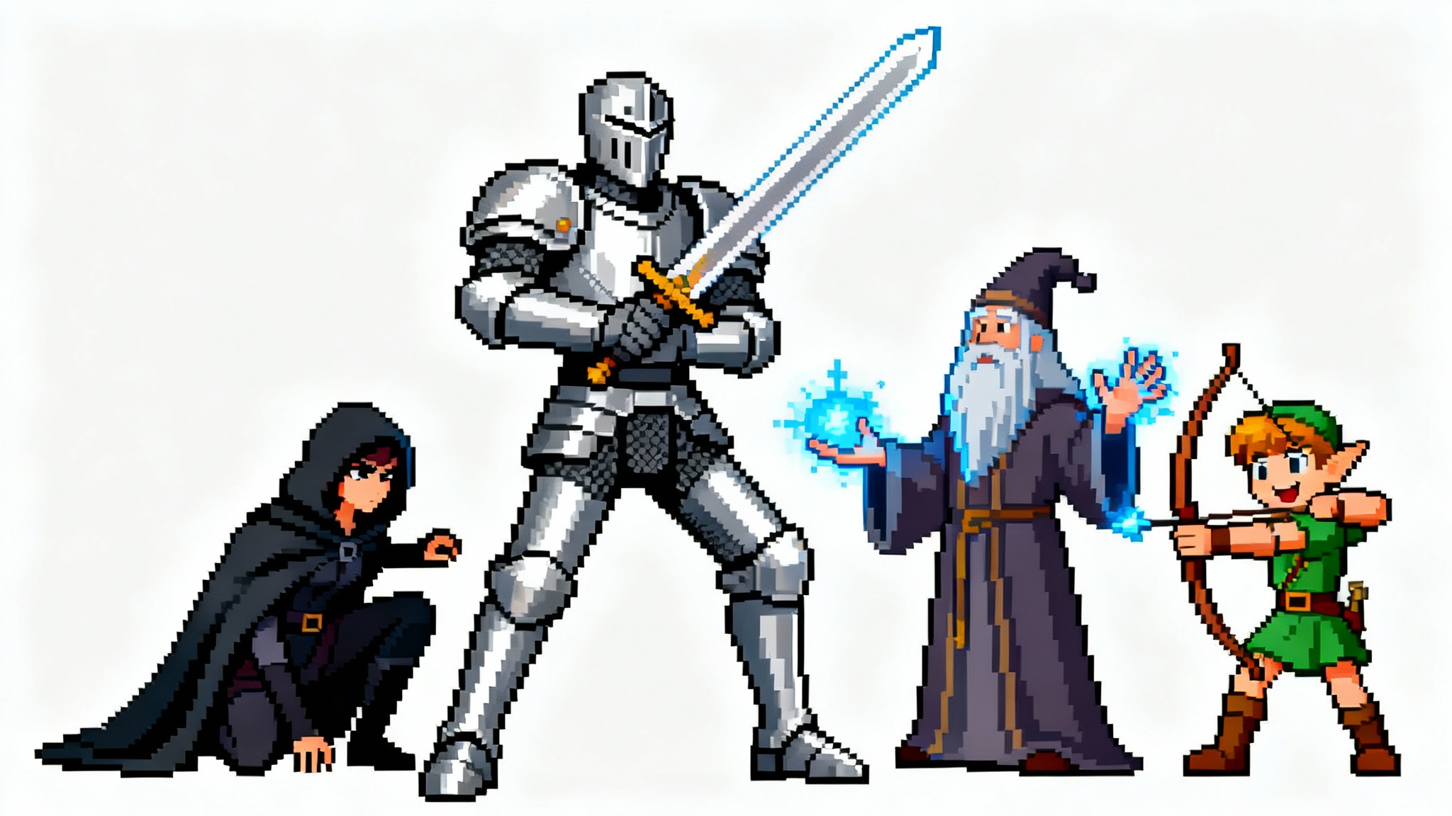 A collection of diverse pixel art characters, including a knight, rogue, and wizard, displayed in various dynamic poses on a white background.