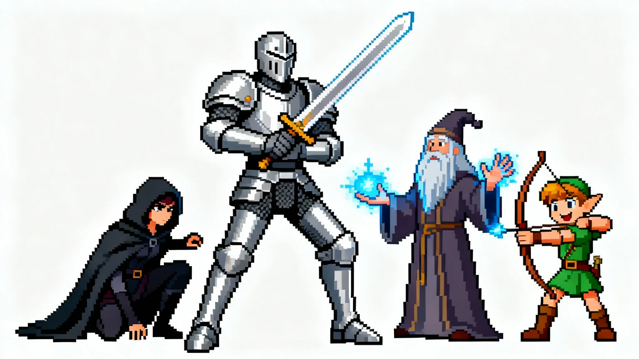 A collection of diverse pixel art characters, including a knight, rogue, and wizard, displayed in various dynamic poses on a white background.