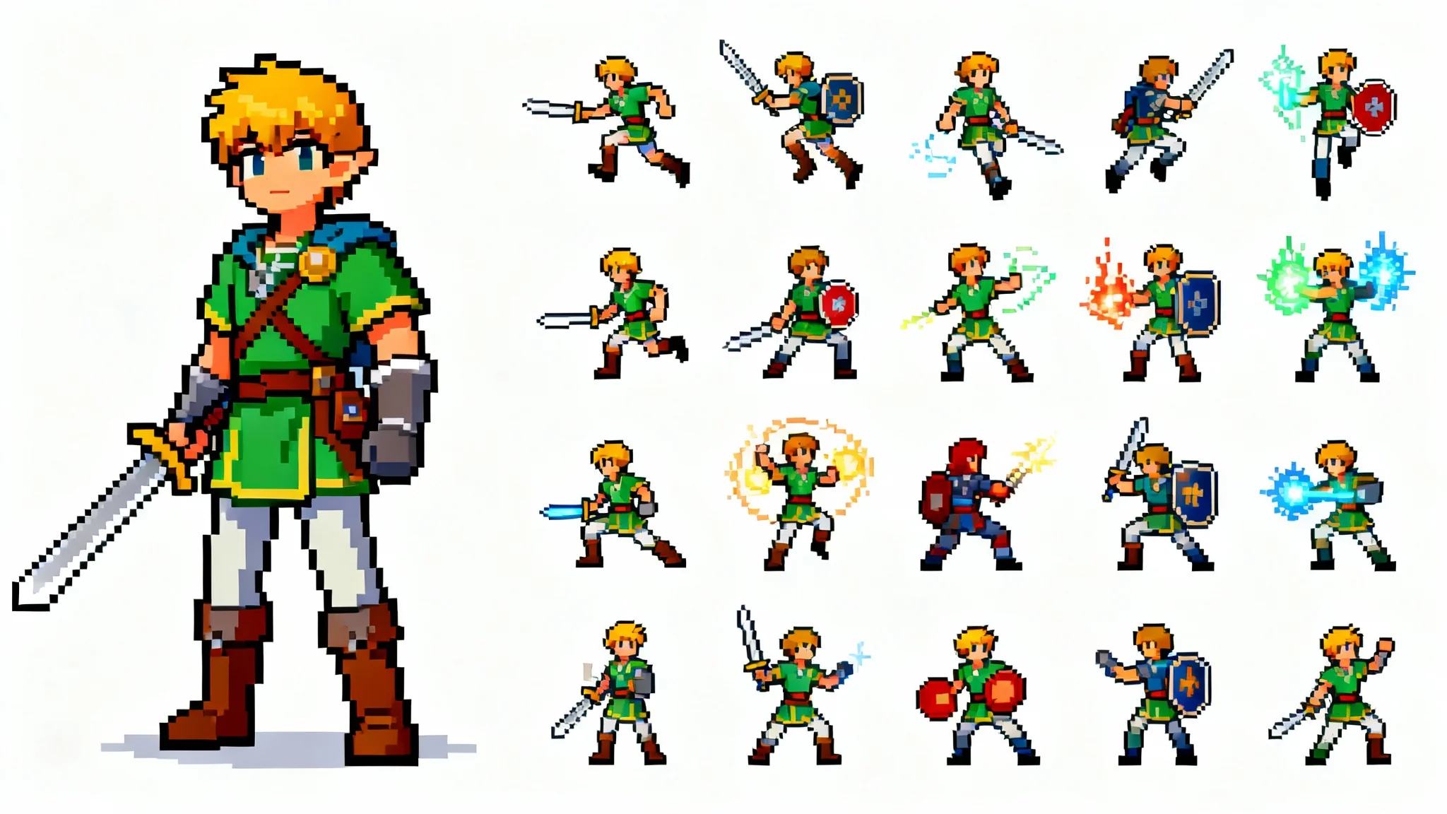 A 16-bit pixel art sprite sheet showing a fantasy adventurer in various poses like running, jumping, and attacking, set against a plain white background.