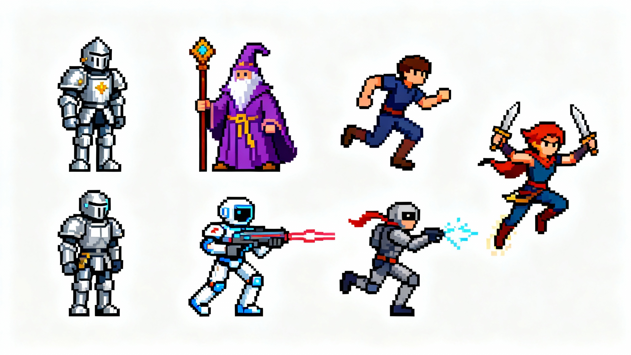 A collection of 16-bit pixel art characters, including a knight and a wizard, displayed in various action poses such as running, jumping, and attacking, all set against a clean white background.