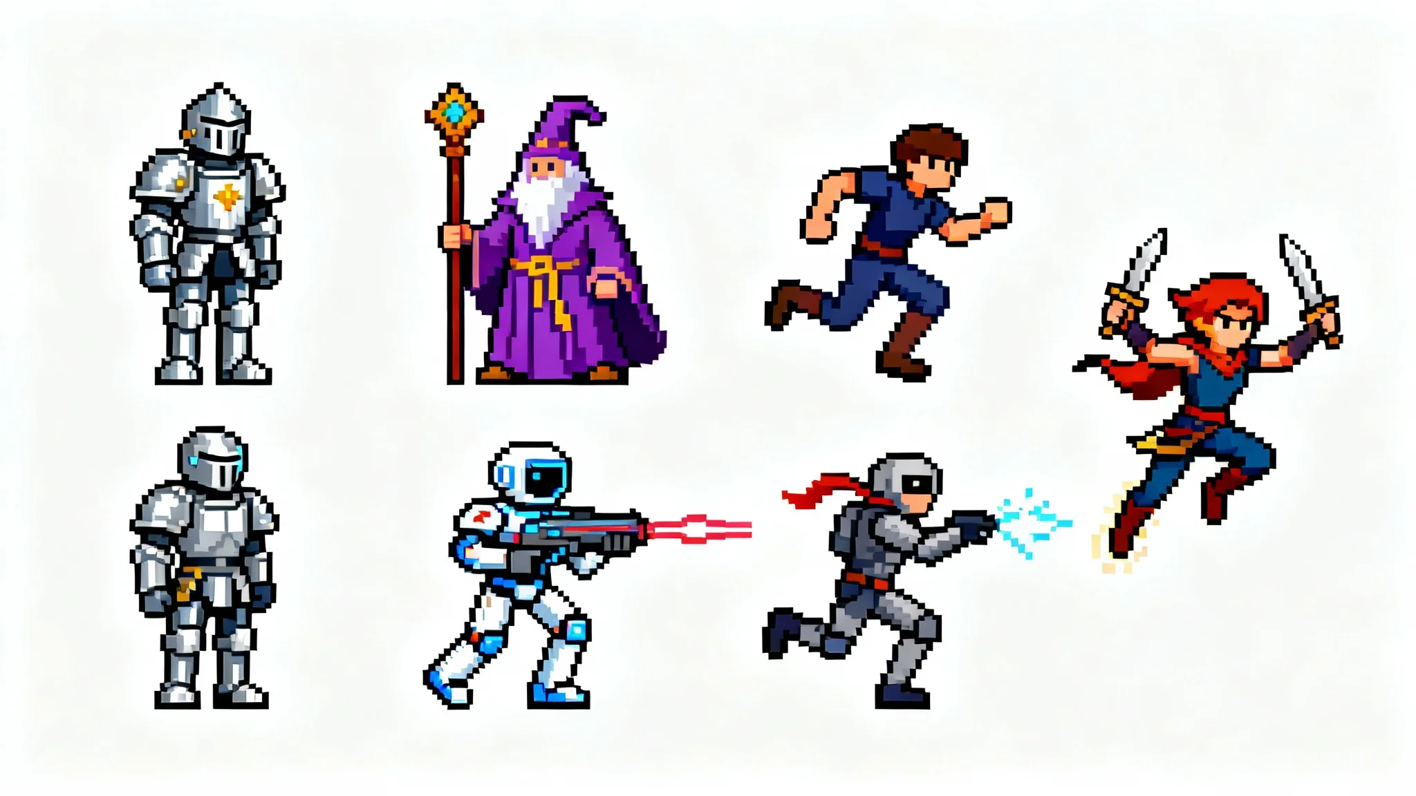 A collection of 16-bit pixel art characters, including a knight and a wizard, displayed in various action poses such as running, jumping, and attacking, all set against a clean white background.