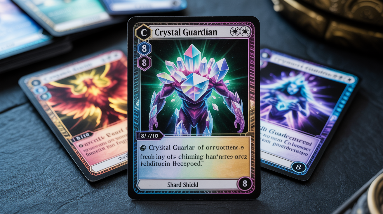 A close-up of three professionally designed fantasy trading cards fanned out, with the front card being a holographic 'Crystal Guardian' golem, representing the final, polished output of a card creation tool.