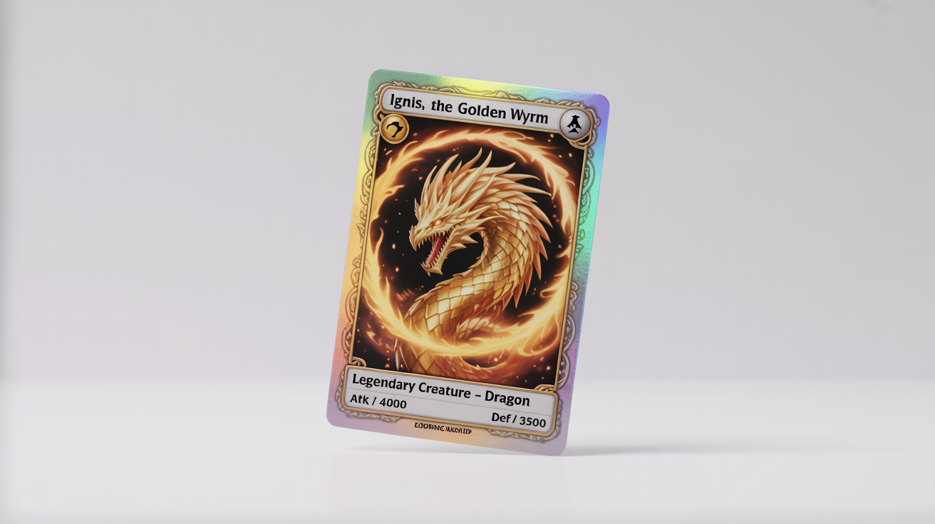A hyper-realistic mockup of a collectible fantasy trading card named 'Ignis, the Golden Wyrm', featuring artwork of a powerful golden dragon and displaying attack and defense stats on a holographic card.