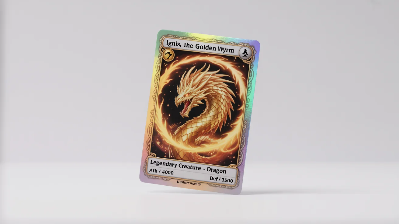 A hyper-realistic mockup of a collectible fantasy trading card named 'Ignis, the Golden Wyrm', featuring artwork of a powerful golden dragon and displaying attack and defense stats on a holographic card.