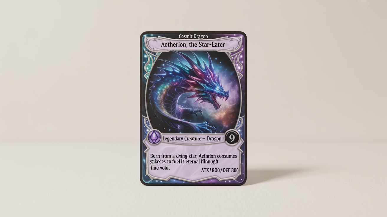 A photorealistic mockup of a fantasy trading card named 'Aetherion, the Star-Eater', featuring a cosmic dragon on a white background. The card shows attack and defense stats.