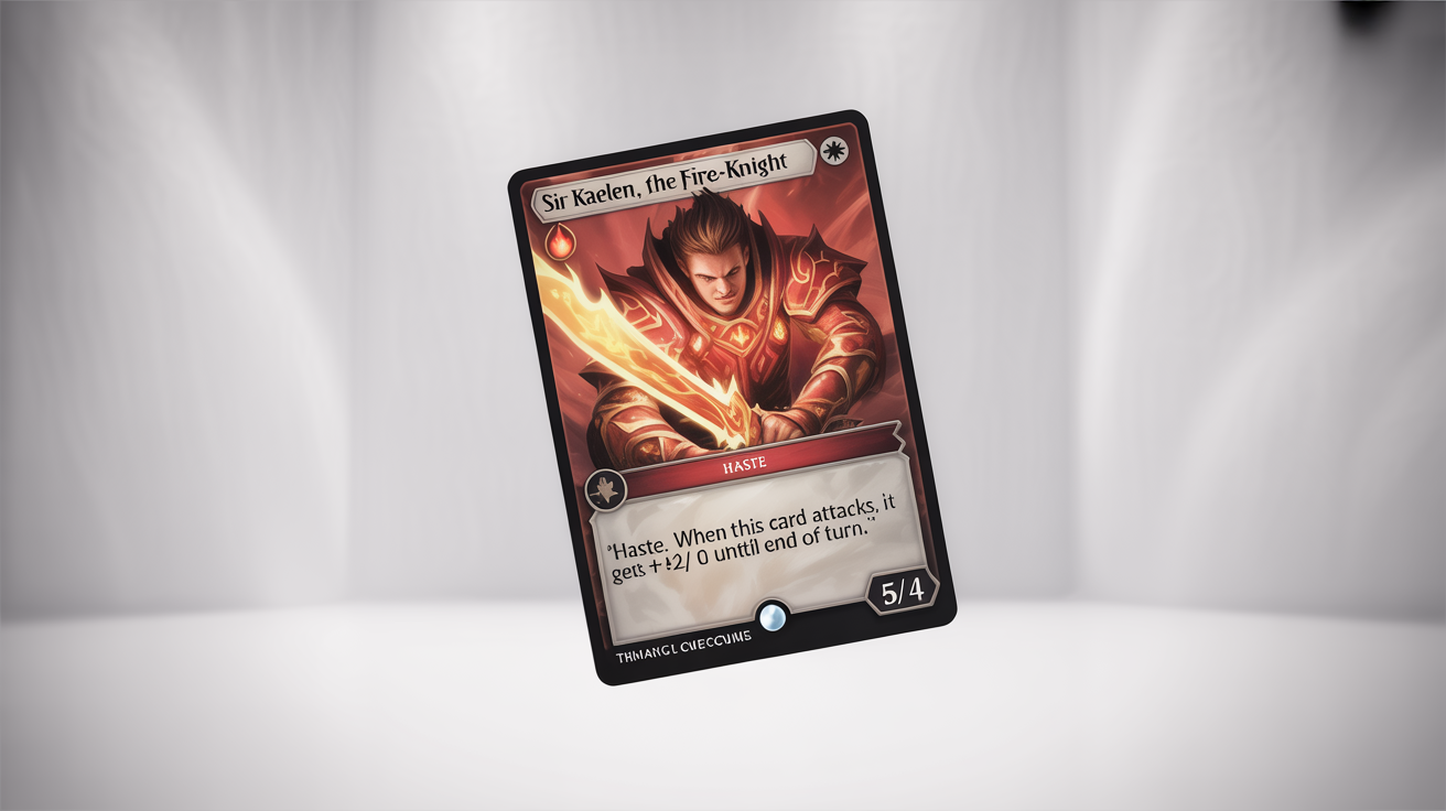 A professionally designed trading card game card mockup for 'Sir Kaelen, the Fire-Knight', shown at an angle on a white background, displaying its fantasy artwork and game text.