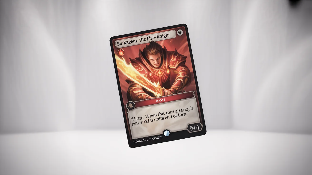 A professionally designed trading card game card mockup for 'Sir Kaelen, the Fire-Knight', shown at an angle on a white background, displaying its fantasy artwork and game text.